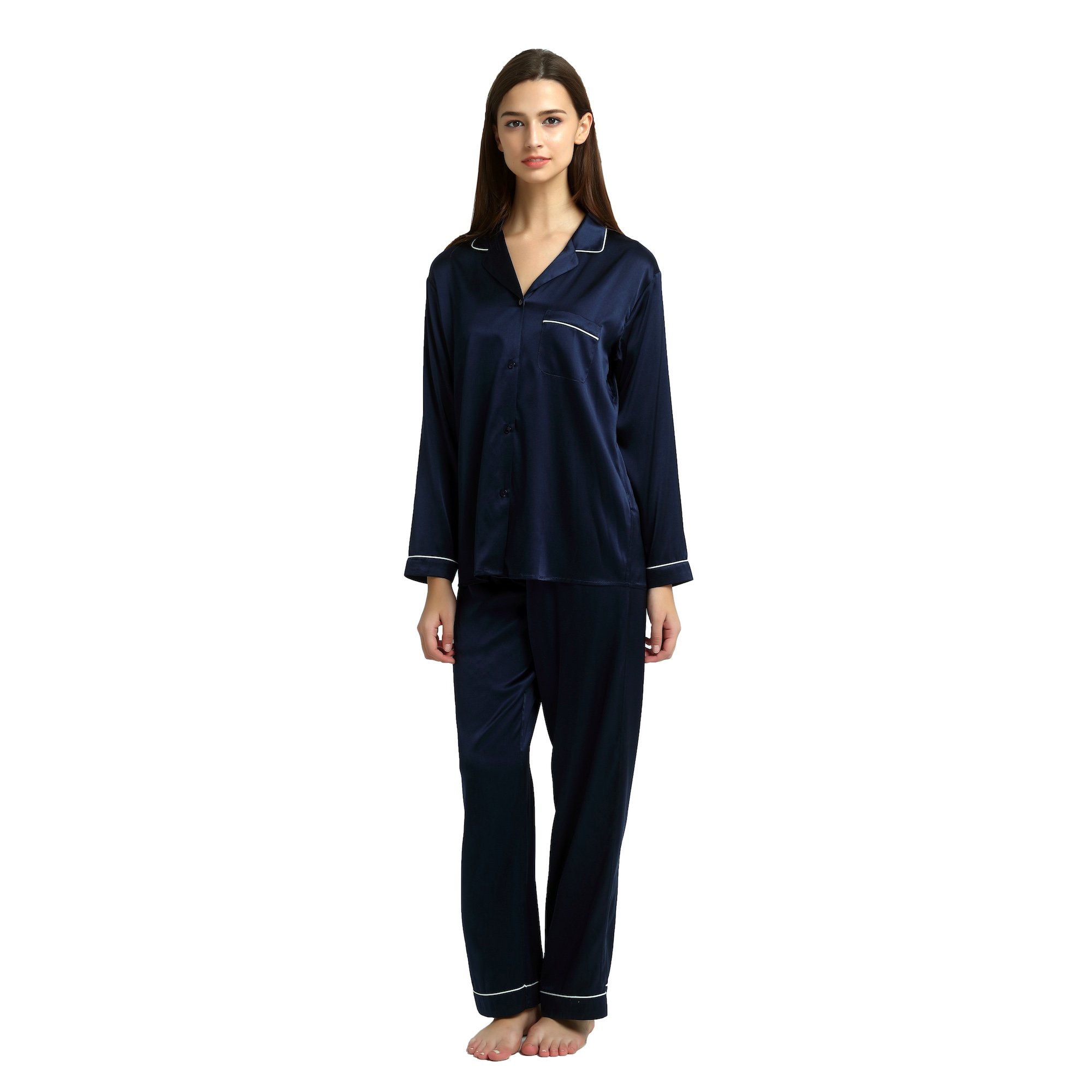Premium Jasmine Silk Women's Pajama Set - 100% Pure Silk Sleepwear - Navy Blue Luxury Nightwear for Relaxation & Comfort - Perfect for Gifts, Spa Nights & Elegant Lounging