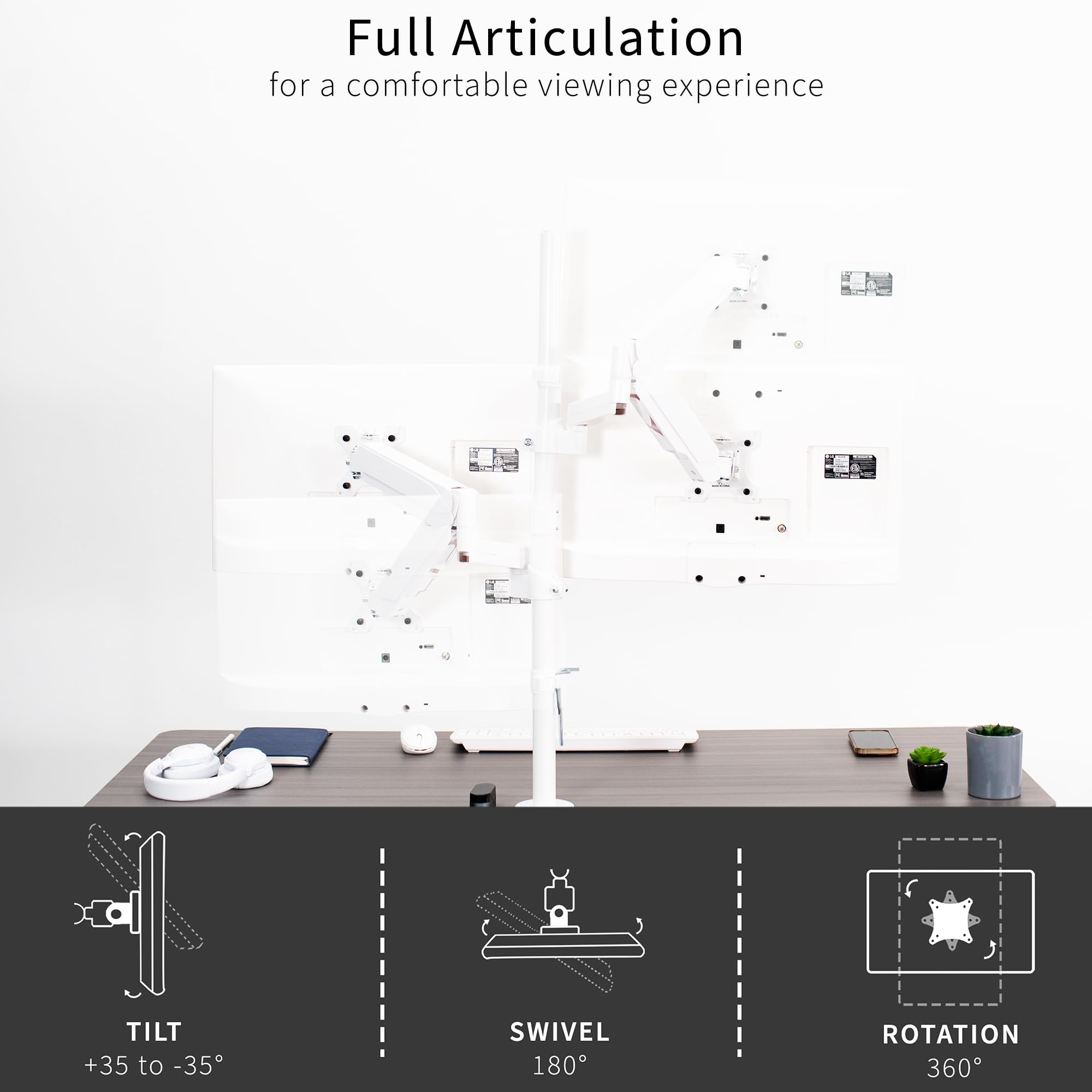 VIVO Dual Monitor Arm Stand for 32 inch Screens - Extra Tall Pneumatic Height Adjustable Heavy Duty VESA Mount with Full Motion Articulation, C-Clamp & Grommet Base (White, STAND-V012KW) - Perfect for Home Office, Gaming Setup & Workspace Ergonomics