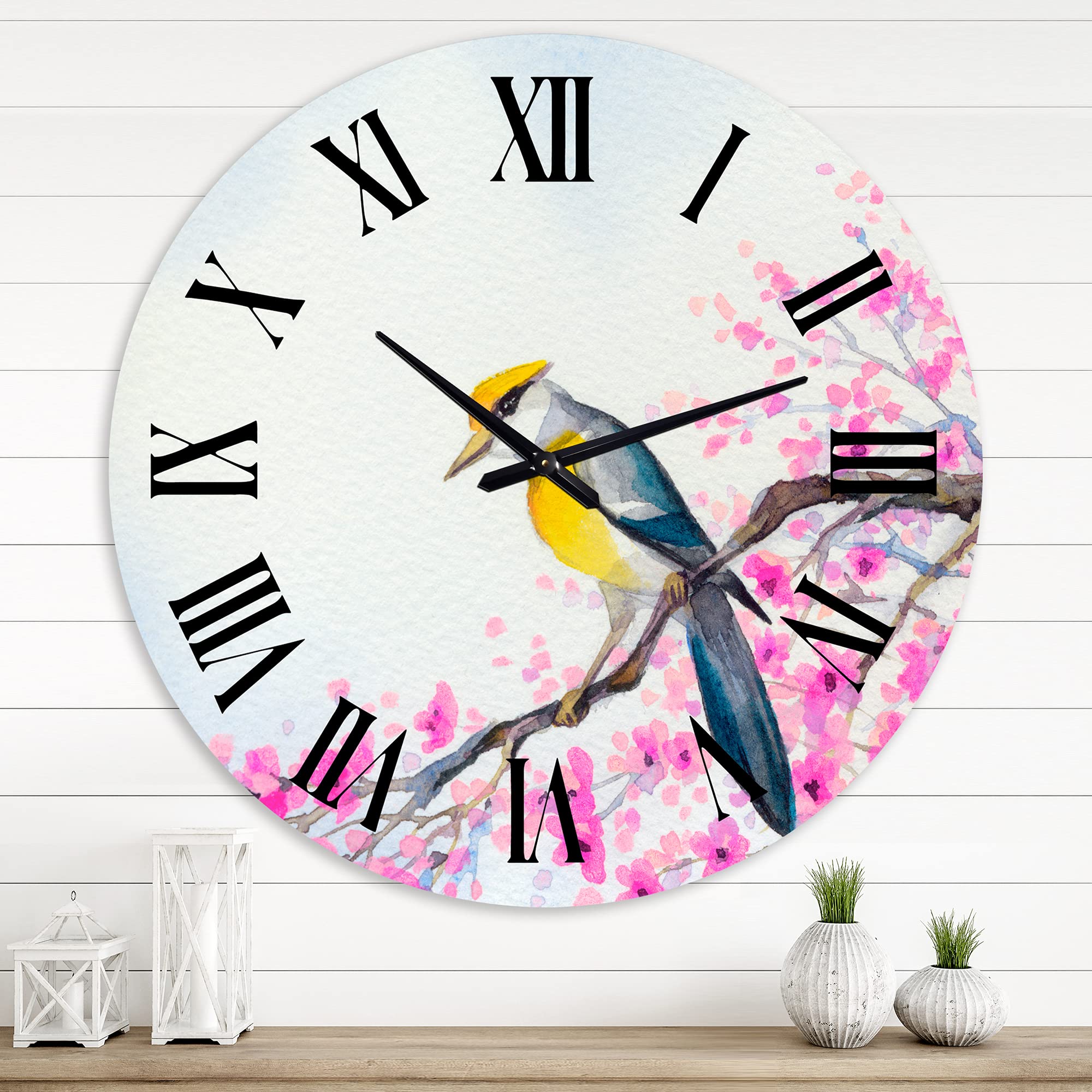DesignQ Traditional Wall Clock - Beautiful Bird on Flowering Branch, Large Decorative Clock for Living Room, Bedroom, Office | Perfect for Home Decor & Gift Giving