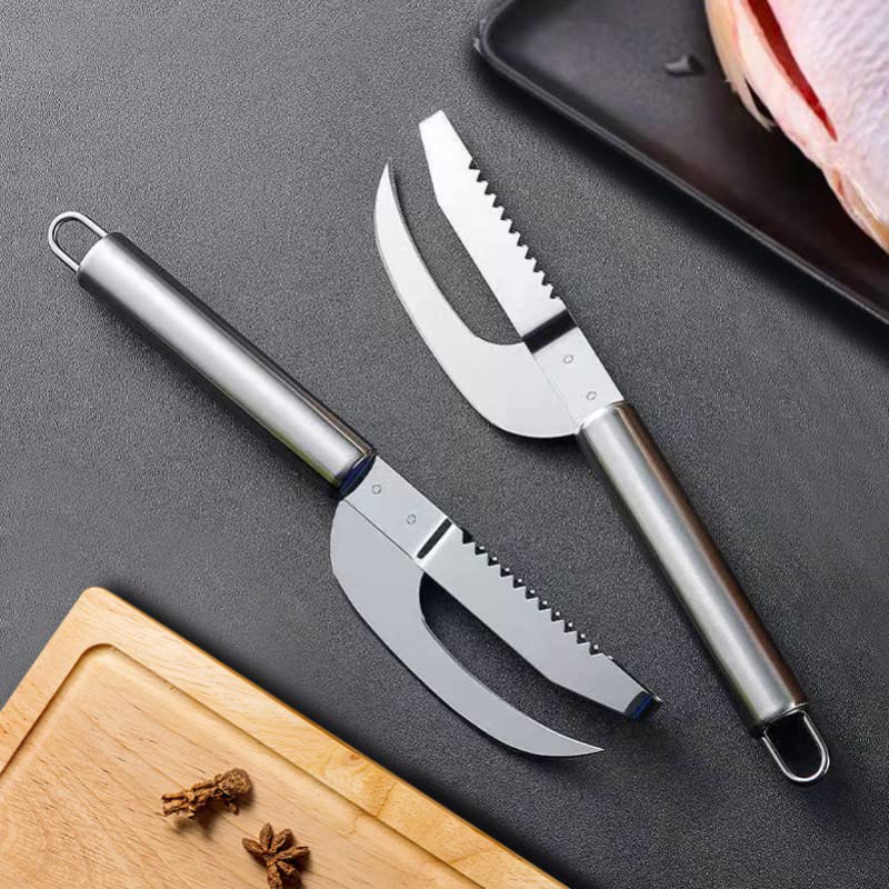 3-in-1 Stainless Steel Fish Scale Knife - Scraper, Digger & Cutter | Professional Fish Cleaning Tool Set (2pcs) for Kitchen & Outdoor Fishing | Perfect for Preparing Fresh Catches at Home or Camping