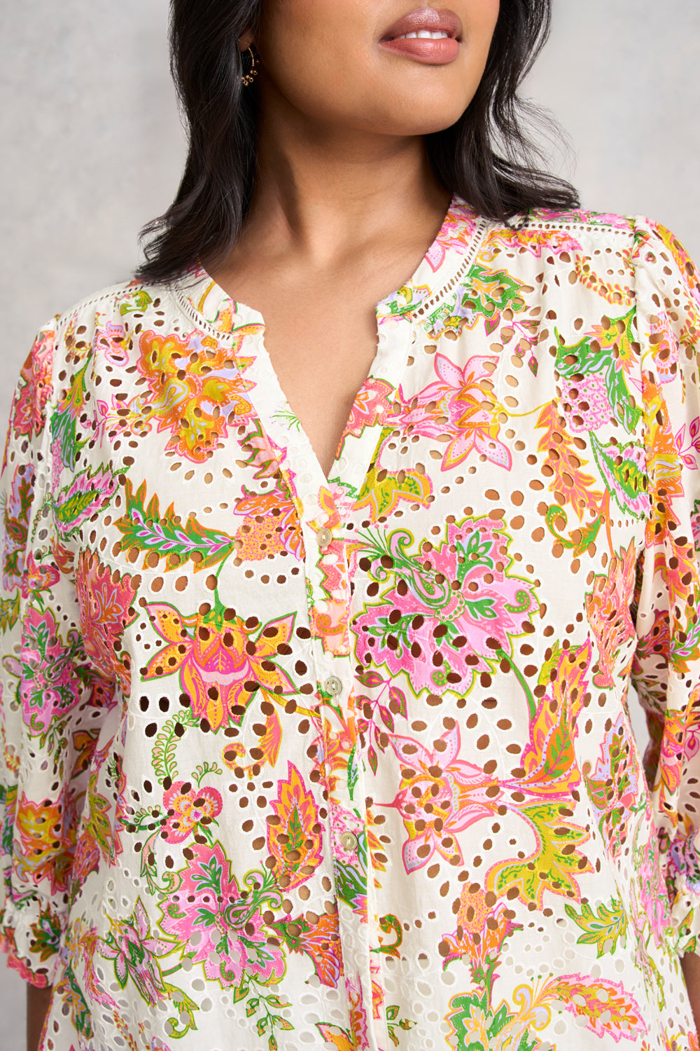 Floral Printed Broderie Shirt for Women - Elegant White Embroidered Blouse for Casual Wear & Summer Outfits