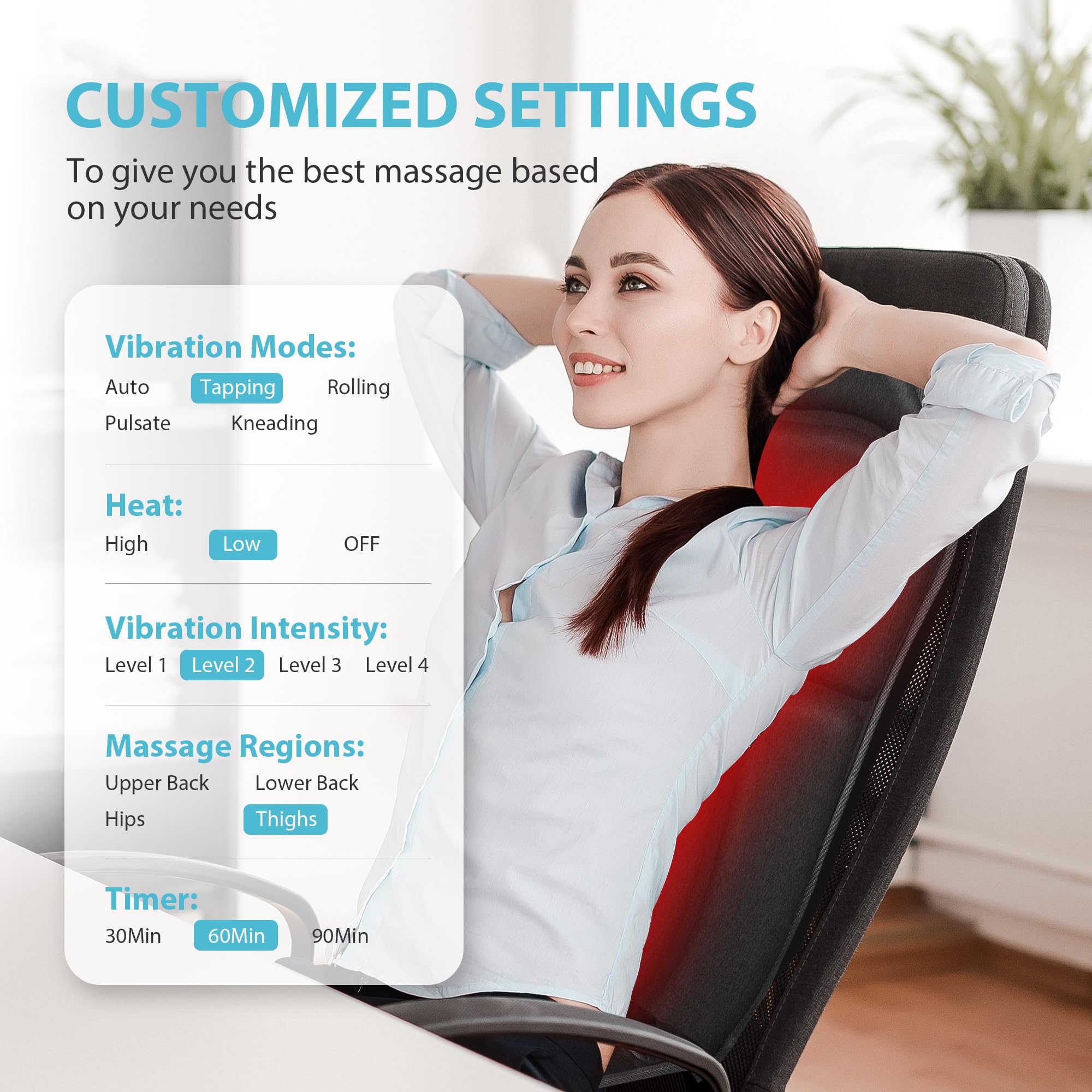 Electric Back Massager Chair Pad with Heat - 4 Vibration Intensities & 2 Heat Levels for Pain Relief - Shiatsu Massage Seat Cushion for Home & Office Use - Perfect Gift for Men & Women