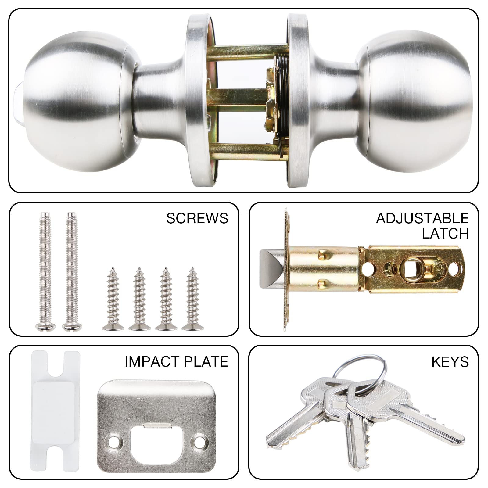 Stainless Steel Door Knob with Lock & Key - High Security Bedroom Door Handle, Ball Style Doorknob with 3 Keys & 3-Year Warranty | Perfect for Home, Office, Apartment & Interior Door Security