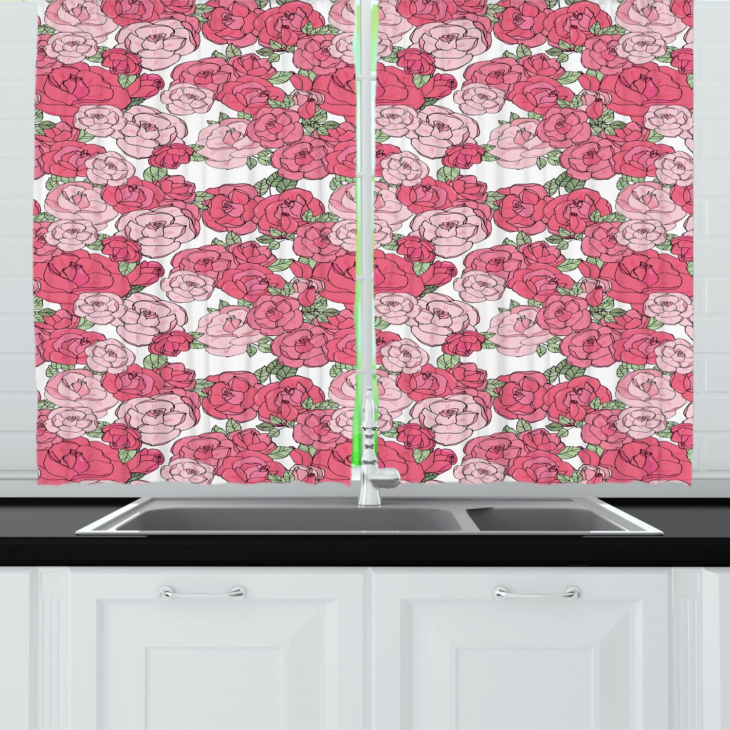 Ambesonne Romantic Long Kitchen Curtains - Valentine's Day Rose Blossoms & Leaves Pattern, 2 Panel Drapes with Rod Pocket, 55x45 Inches, White Green Pastel Pink - Perfect for Valentine's Decor, Farmhouse Kitchen, and Cozy Dining Room