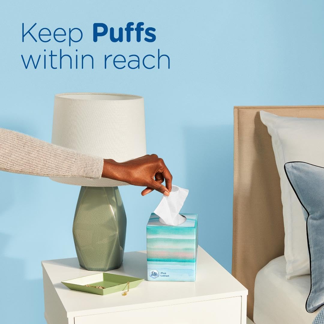 Puffs Plus Lotion Facial Tissues - Ultra Soft & Lotion-Infused - 1 Family Box (124 Tissues) - For Cold, Allergy & Dry Skin Relief - Home, Office & Travel Use