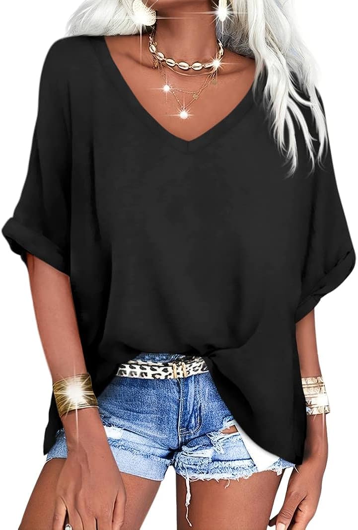 UNCLECAT Women's V Neck Oversized T-Shirts - Soft Summer Short Sleeve Casual Tee Shirt for Women - Perfect for Beach, Travel & Everyday Wear