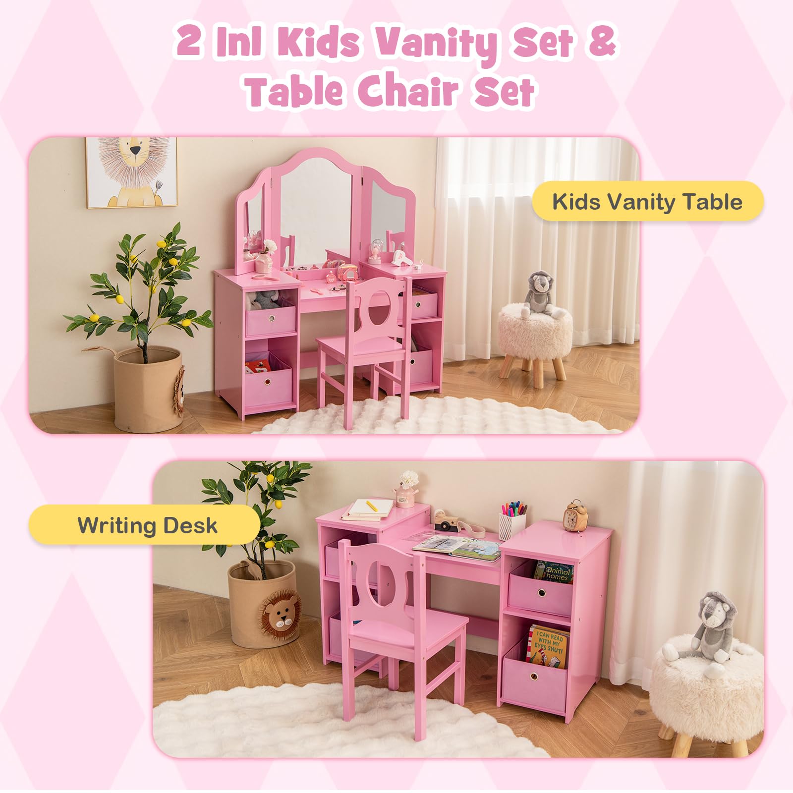 INFANS Kids Vanity Set - 2-in-1 Princess Makeup Desk & Chair with 4 Drawers, Tri-Folding Mirror & Large Storage | Wooden Dressing Table for Toddler Girls | Perfect for Pretend Play, Birthday Gifts & Bedroom Decor