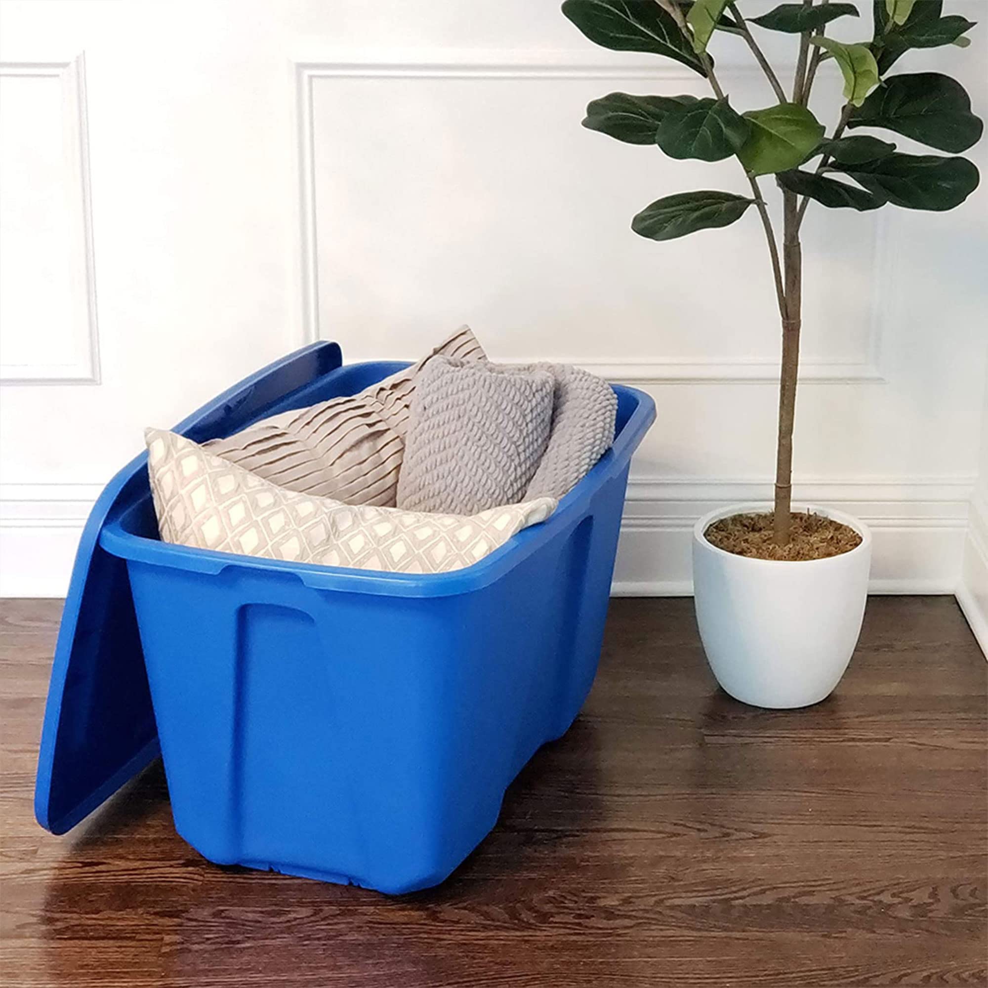 HOMZ 4-Pack Heavy Duty Plastic Storage Bins - 32 Gallon Organizer Containers for Home, Garage & Closet - Durable Stackable Blue Bins for Clothes, Toys & Seasonal Storage