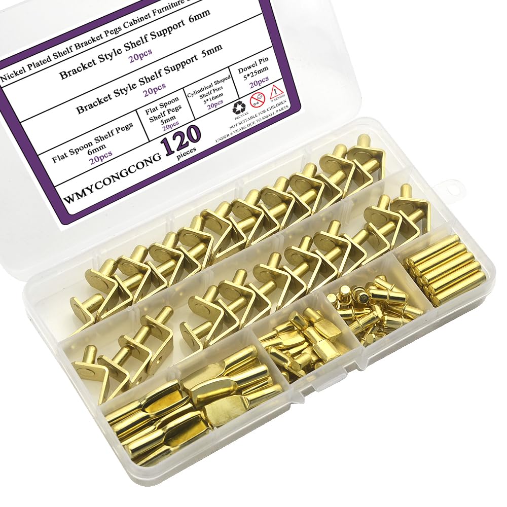 WMYCONGCONG 120-Piece Shelf Bracket Pins Assortment Kit - 4 Styles Metal Nickel Plated & Gold Cabinet Pegs for Furniture, Wardrobe, Bookshelf, Closet & Kitchen Shelving | Perfect for Home Office Organization & DIY Wood Shelf Support
