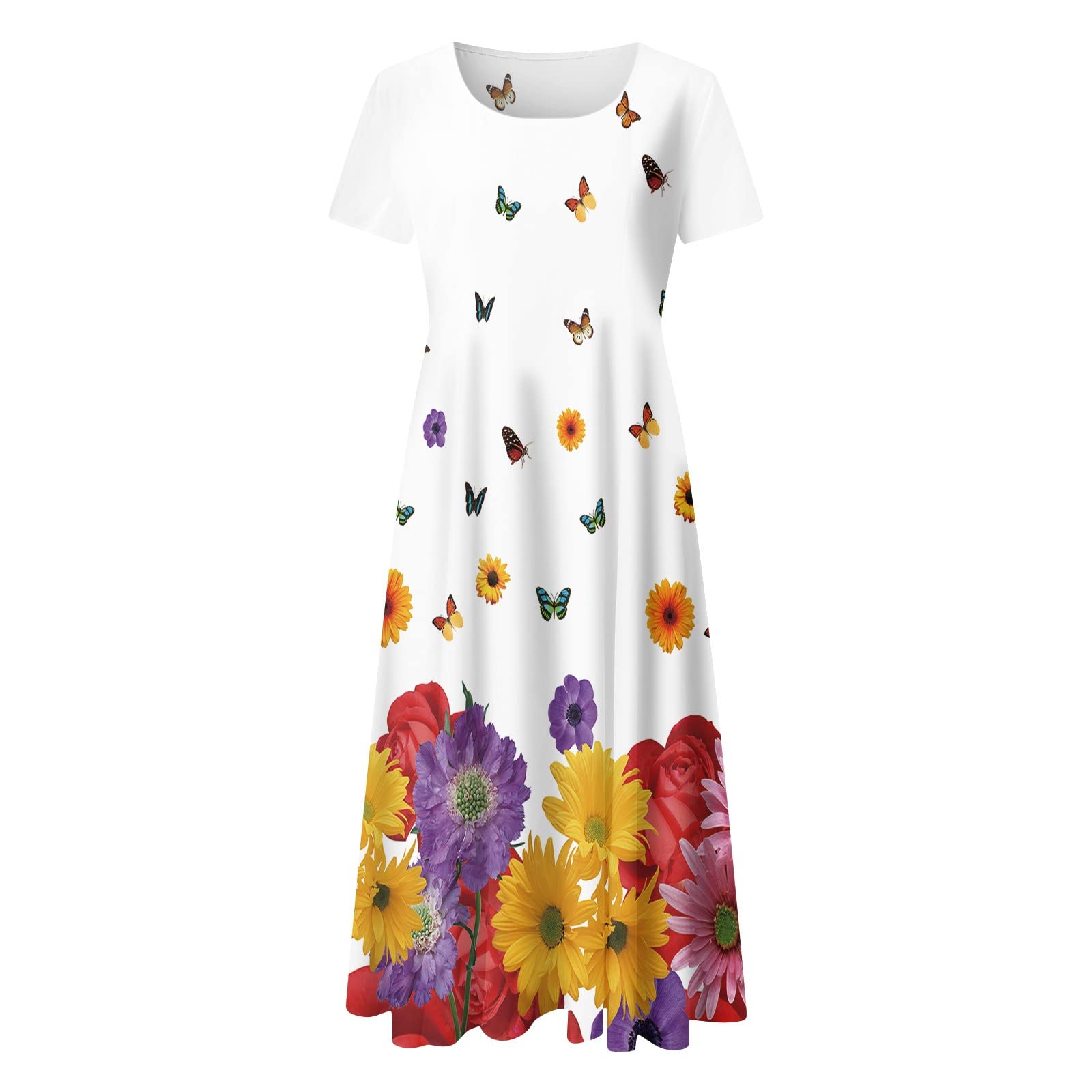 Women's Casual Tan Floral Printed Short Sleeve Boho Dress - Crew Neck Loose Fit Summer Dress for Beach, Evening Parties & Vacation Outfits