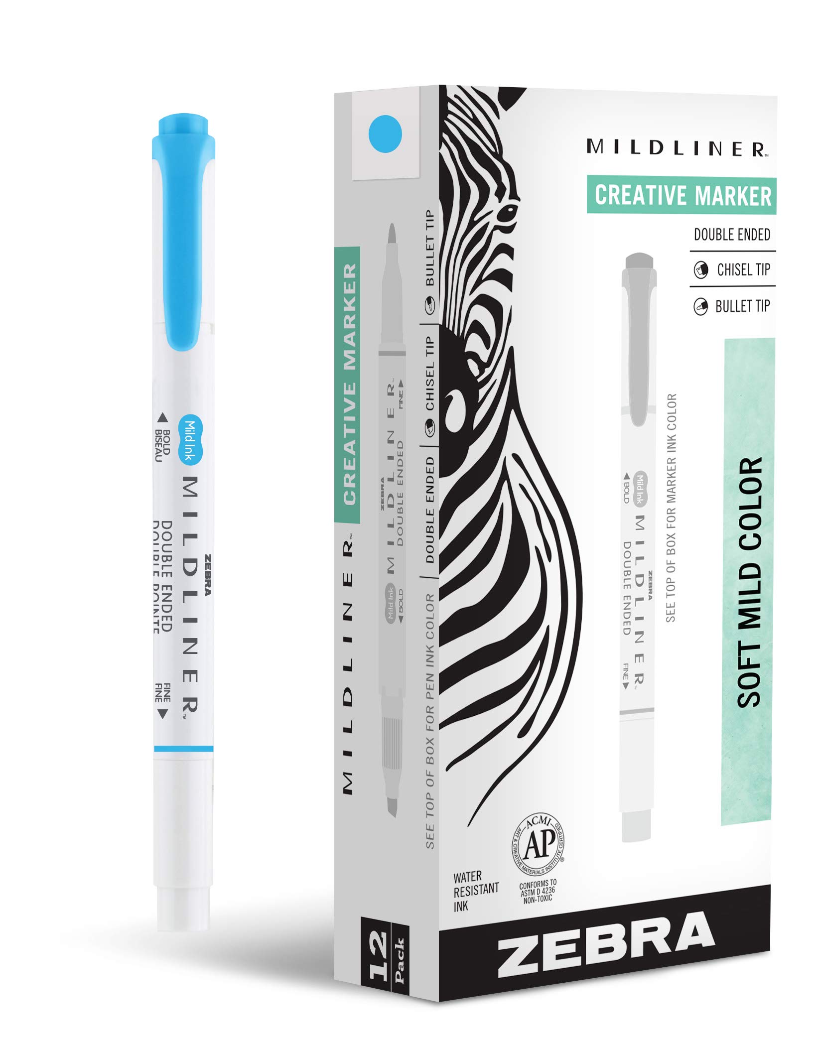 Zebra Pen Mildliner Double-Ended Highlighter Marker Set - Broad & Fine Tip Bible Study Pens, No Bleed Pastel Cyan Ink, 12-Pack (78560upc) - Perfect for Note Taking, Journaling & Bible Highlighting