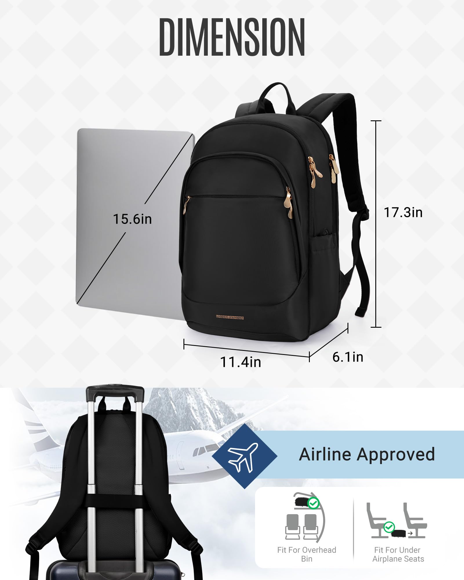 Lightweight Travel Backpack for Women - 15.6 Inch Laptop Backpack with USB Charging Port, Water Resistant College Bookbag, Large Capacity Black Computer Backpack for Work & Business Travel - Perfect for Commuting, Business Trips & Daily Office Use