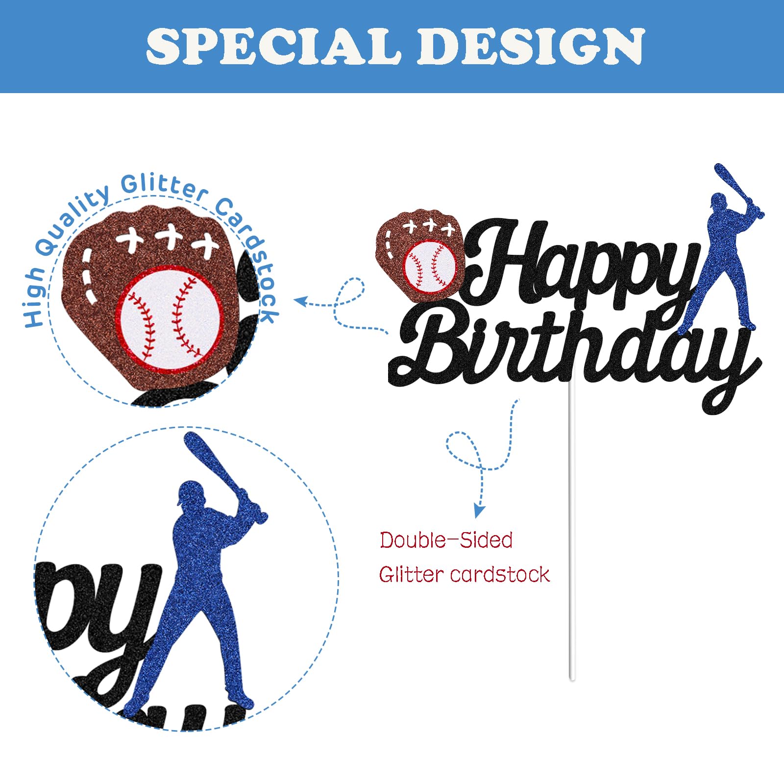 Baseball Cake Topper - Happy Birthday Baseball Party Decorations, Black Glitter Cake Topper for Sports Themed Birthday Cakes - Perfect for Baseball Lovers, Sports Parties & Birthday Celebrations