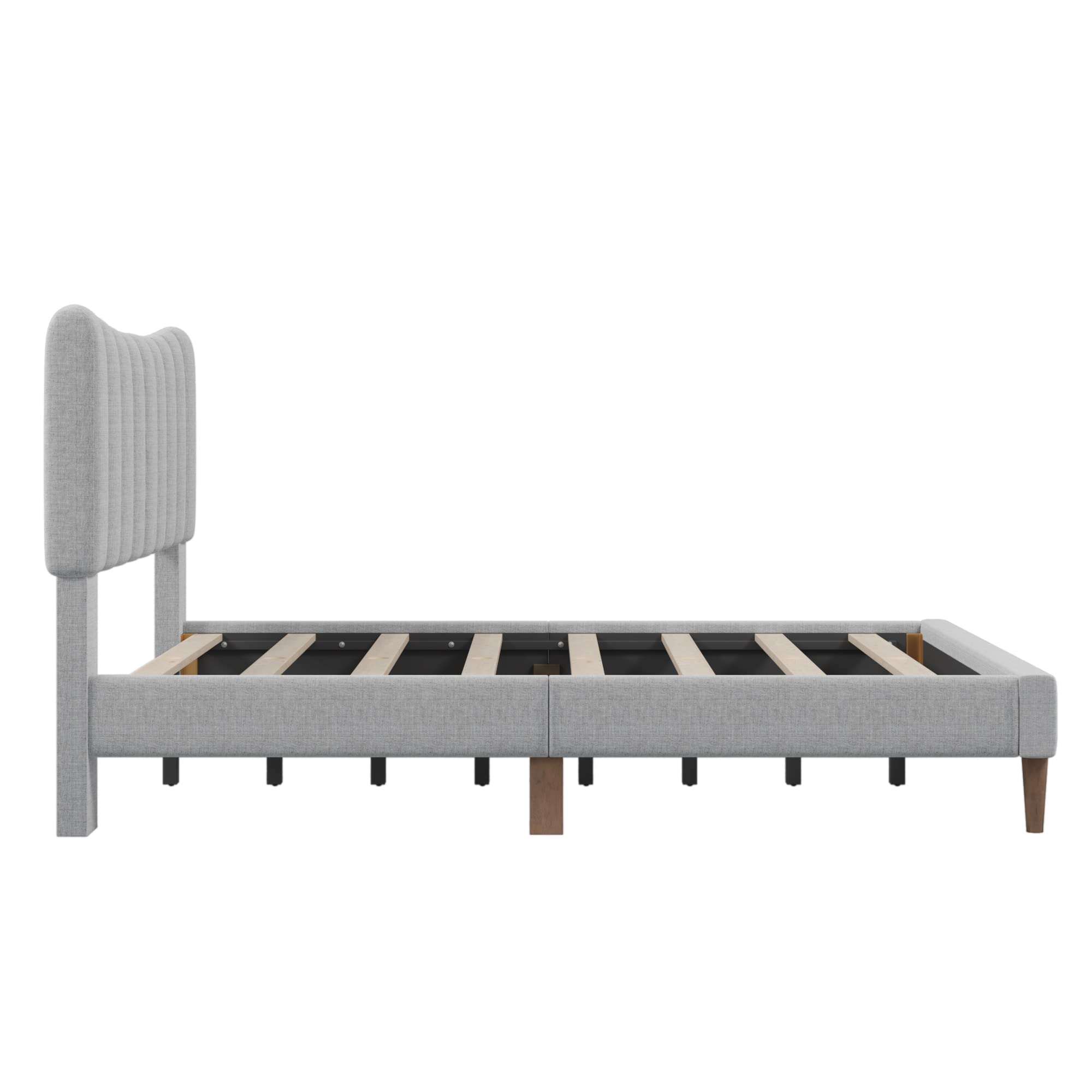 SOFTSEA Full Size Bed Frame with Vertical Channel Headboard - Modern Linen Upholstered Platform Bed with Sturdy Wood Slat Support, No Box Spring Required, Gray | Perfect for Small Bedrooms, Guest Rooms & Modern Apartments