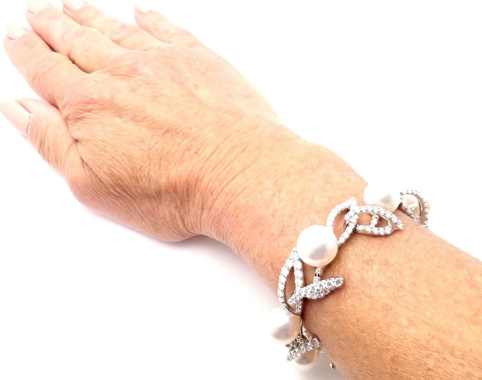 Authentic Mikimoto 18k White Gold 7 Carat Diamond 12mm Pearl Bracelet - Luxury Jewelry for Women, Perfect for Weddings, Anniversaries & Special Occasions