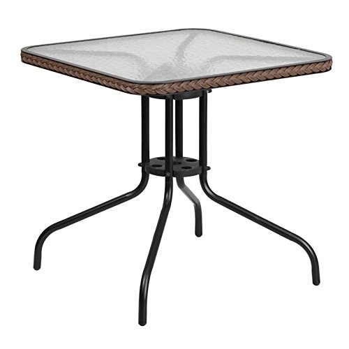 BOWERY HILL Black/Brown Rattan and Glass Square Outdoor Dining Table - Perfect for Patio, Garden, and Backyard Entertaining