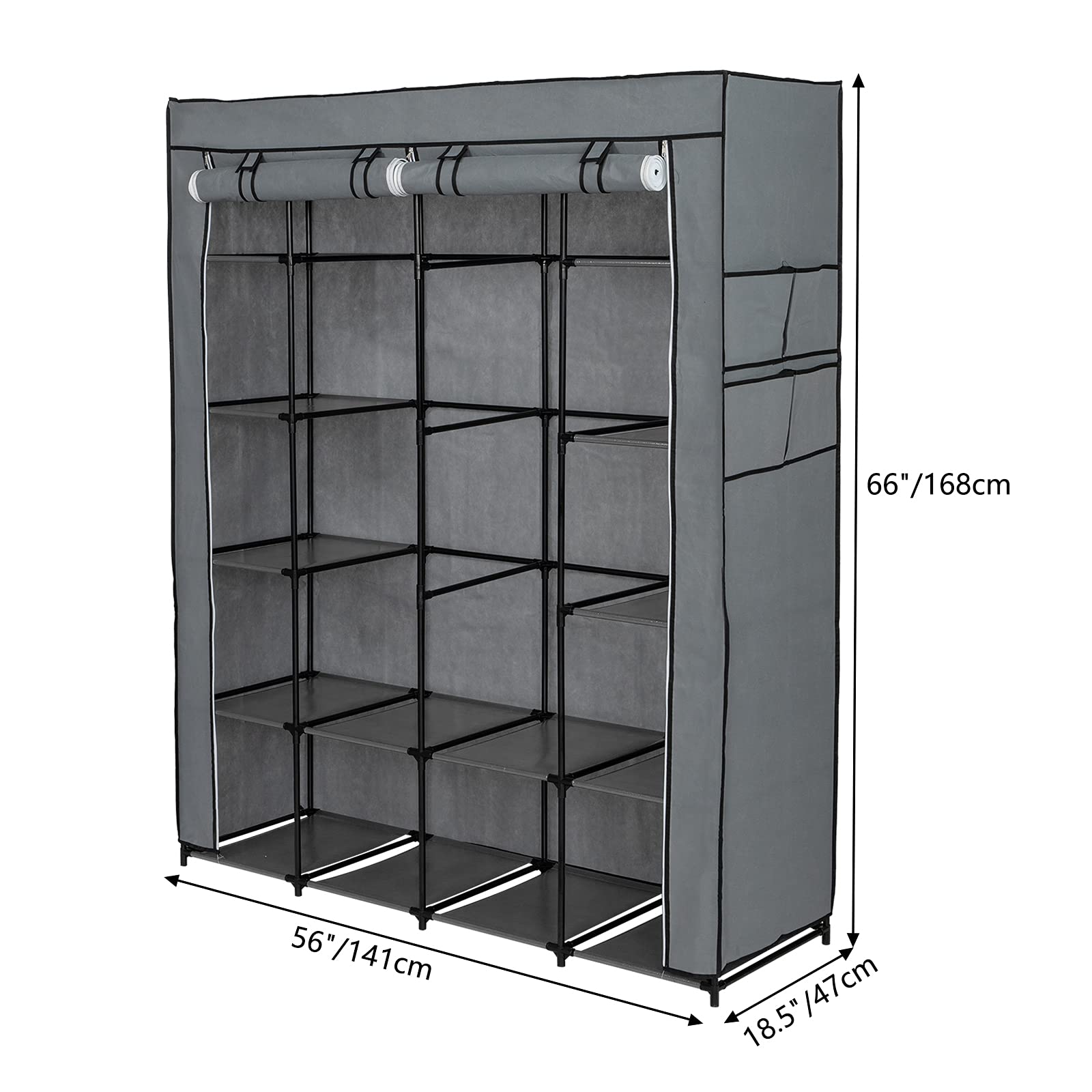 BNSPLY 66 Inch Portable Closet Organizer - Non-Woven Fabric Wardrobe Storage with Hanging Rod, 56 x 18.5 x 66 Inches, Grey - Perfect for Bedroom, Dorm, Apartment & Closet Organization