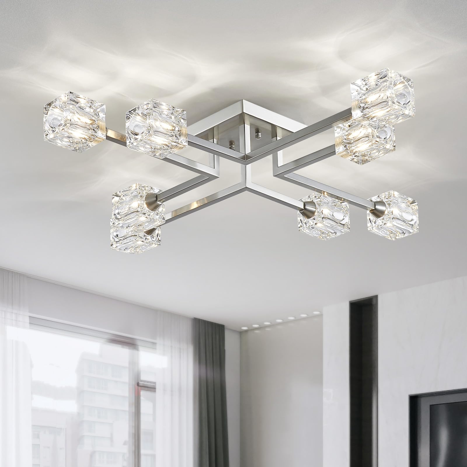 XINGQI 8-Lights Modern Semi Flush Mount Ceiling Light Fixture - Brushed Nickel Sputnik Chandelier for Dining Room, Living Room, Kitchen, Bedroom & Entryway - Elegant Lighting Solution for Home Decor & Interior Design