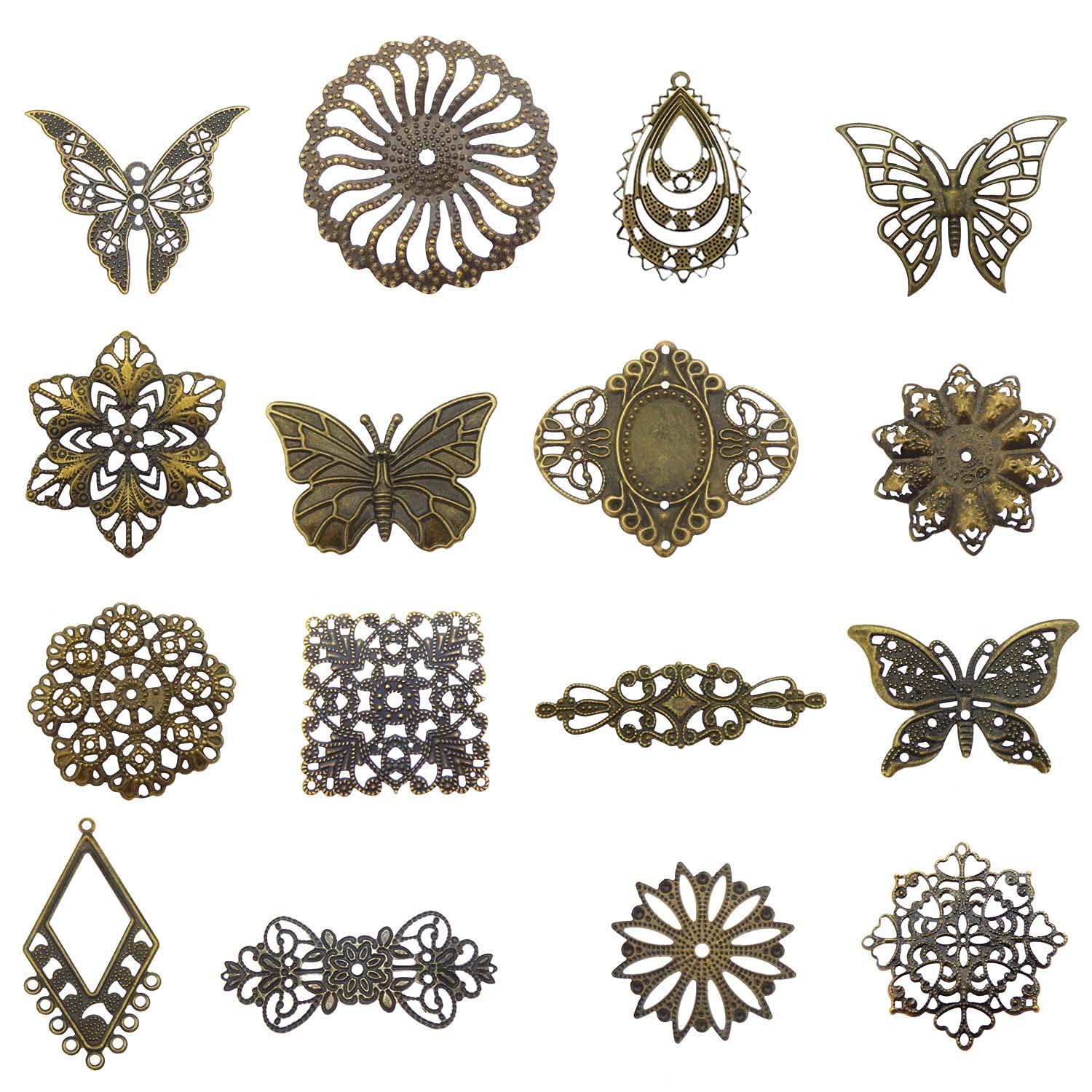 80Pcs Mixed Antique Bronze Filigree Charms - Hollow Flower & Butterfly Pendants for DIY Jewelry Making, Hair Accessories, Necklace Crafting - Perfect for Scrapbooking, Gift Wrapping & Home Decor