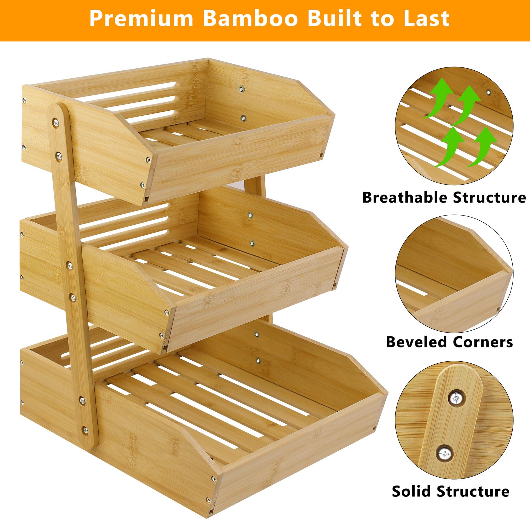 3-Tier Bamboo Fruit Basket Stand for Kitchen Counter - Large Fruit & Vegetable Storage Bowl, Display Rack for Fresh Produce - Perfect for Kitchen Organization, Pantry Storage & Healthy Snack Display