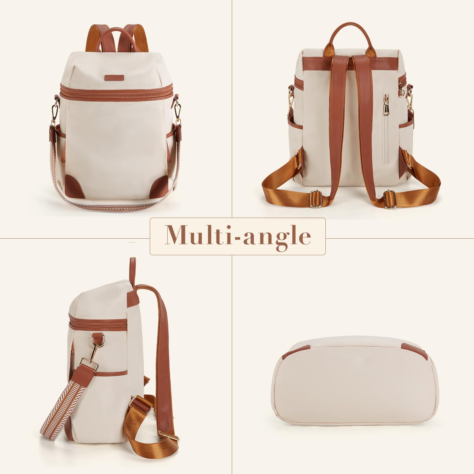 Missnine Women's Convertible Backpack Purse - Secure Zipper Travel Backpack & Stylish Satchel Bag | Lightweight Rucksack for Work, College, Gym & Hiking (Brown+Beige) | Perfect for Commuting, Campus Life & Outdoor Adventures