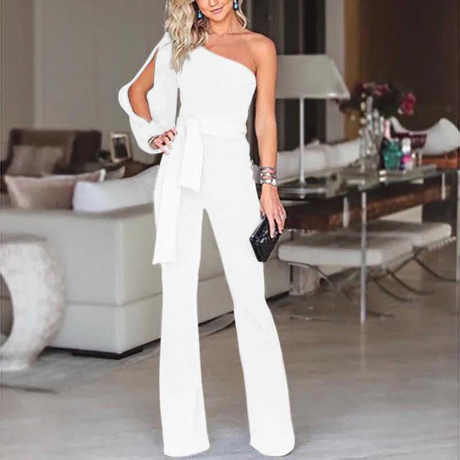 Trendy Women's Summer Jumpsuits 2024 - High Waist Tie Overalls, One Shoulder Romper for Cruise, Party & Vacation | Cute Dressy Outfits (White, Large) | Perfect for Beach Getaways, Date Nights & Summer Festivals