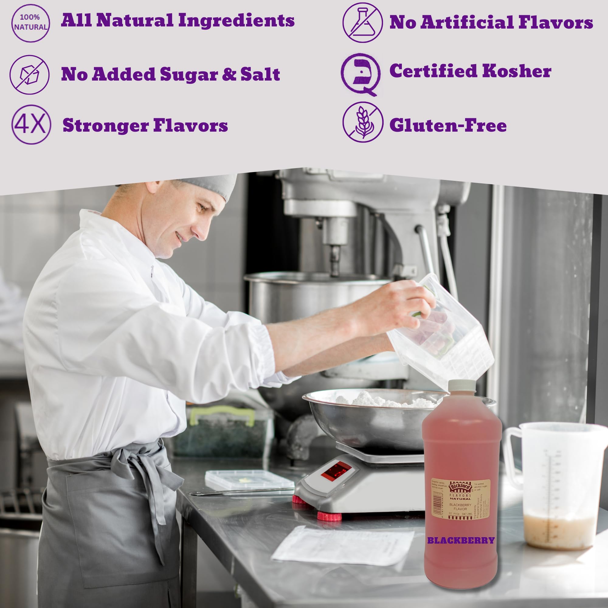 Premium Bickford 4X Blackberry Flavor Extract for Baking, Cooking & Beverages - Gluten Free, Kosher, Vegan, No Sugar Added - 32 fl. oz Bulk Size - Perfect for Cakes, Ice Cream, Cocktails & DIY Food Flavors