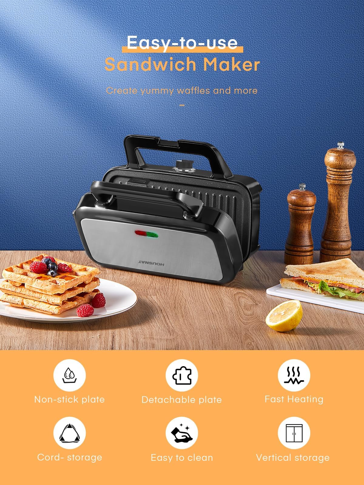 HOUSNAT 3-in-1 Sandwich & Waffle Maker with Removable Non-Stick Plates, 1200W Panini Press Grill, 5-Level Temperature Control & Indicator Lights - Perfect for Breakfast, Lunch & Quick Snacks at Home, Office or Dorm (Black)