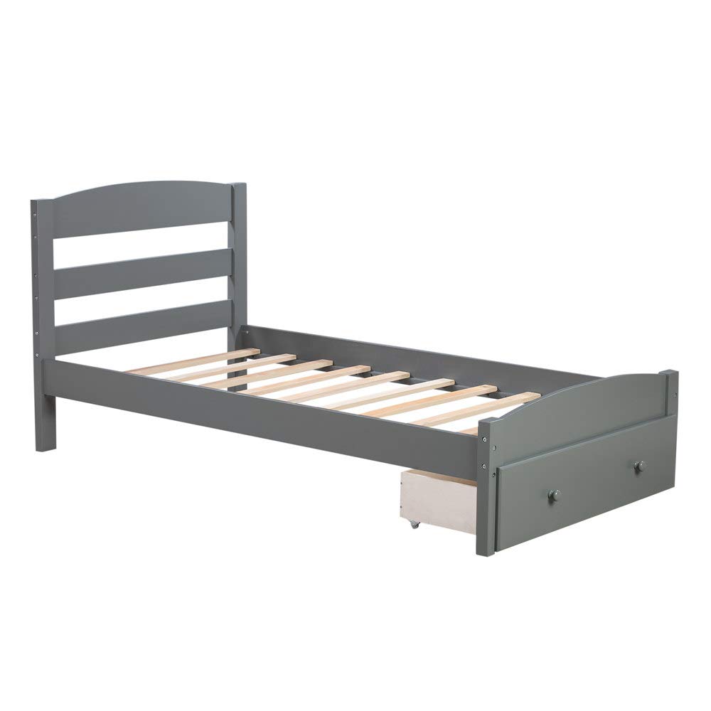 **Solid Wood Twin Size Bed Frame with Headboard & Storage Drawer - No Box Spring Needed, Wood Slat Support Platform Bed - Perfect for Small Bedrooms, Guest Rooms & Kids' Rooms (Gray)**