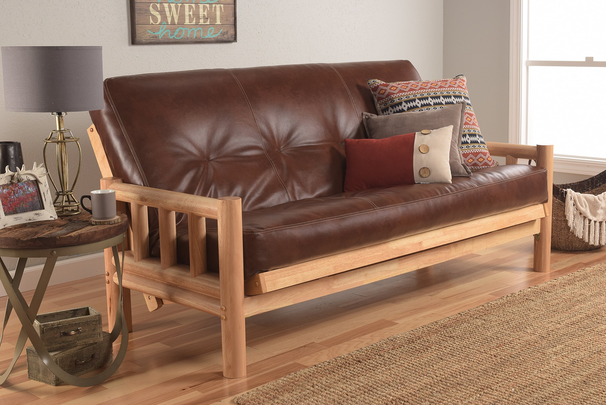Up North Futon Lodge Full Size Sofa Bed with Mattress - Leather Havana Universal - Perfect for Guest Rooms, Small Apartments & Cozy Living Spaces