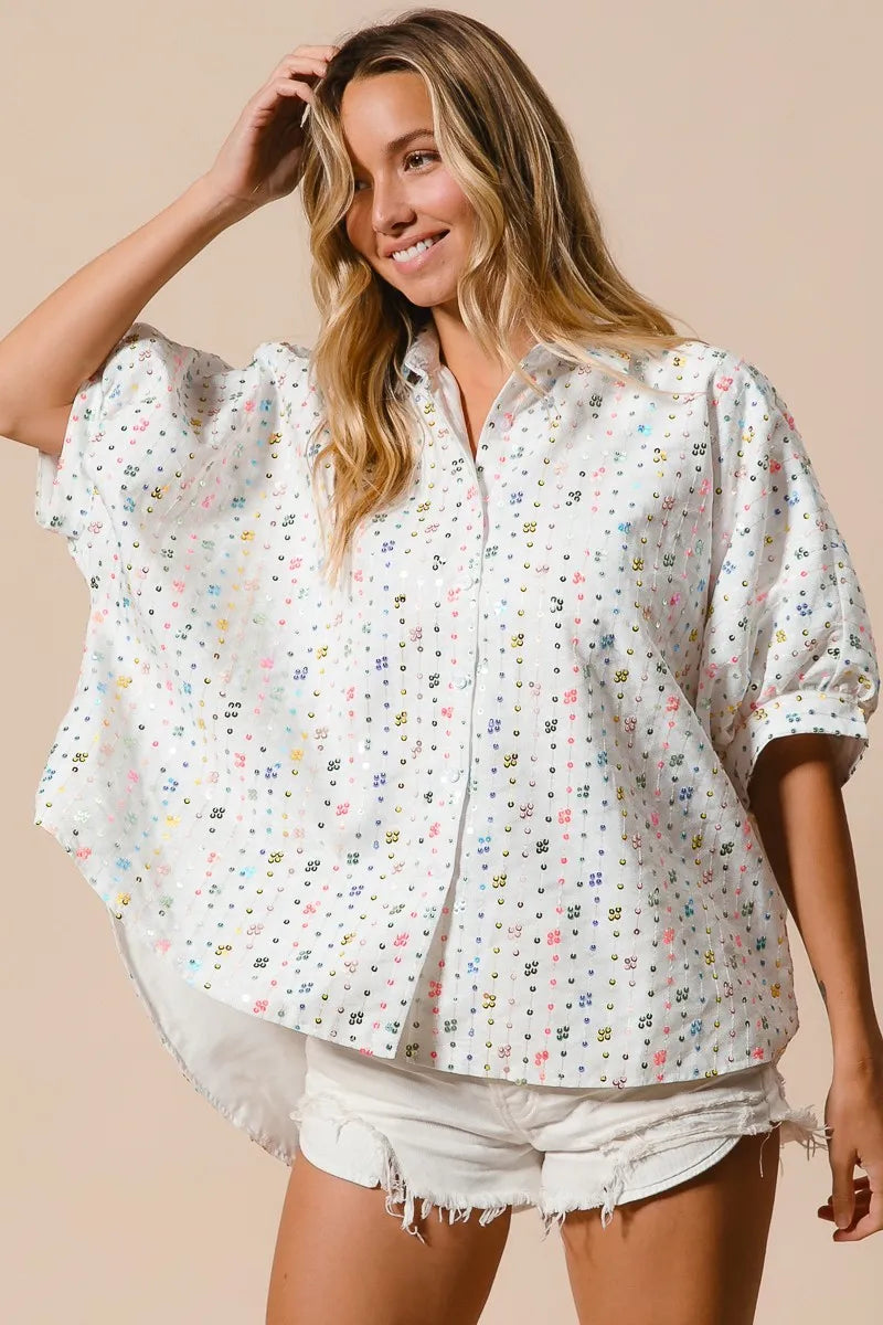 BiBi Sequin Striped Short Dolman Sleeve Blouse for Women | Trendy Party & Evening Wear | Elegant Casual Top for Club, Date Night & Special Occasions