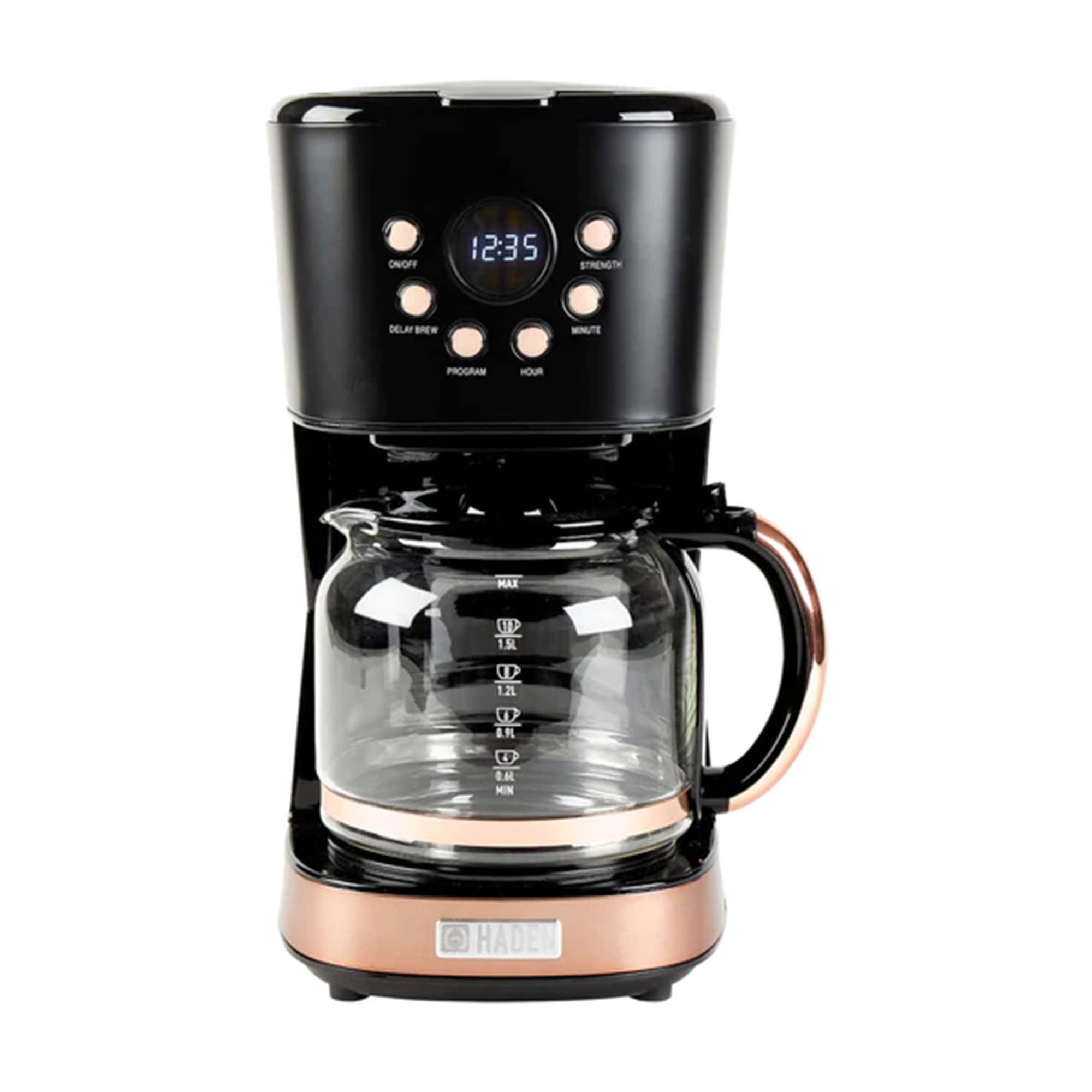 Haden Dorset 4-Slice Wide Slot Stainless Steel Toaster with 12-Cup Programmable Drip Coffee Maker Set, Black & Copper - Perfect for Breakfast, Kitchen, and Office Use