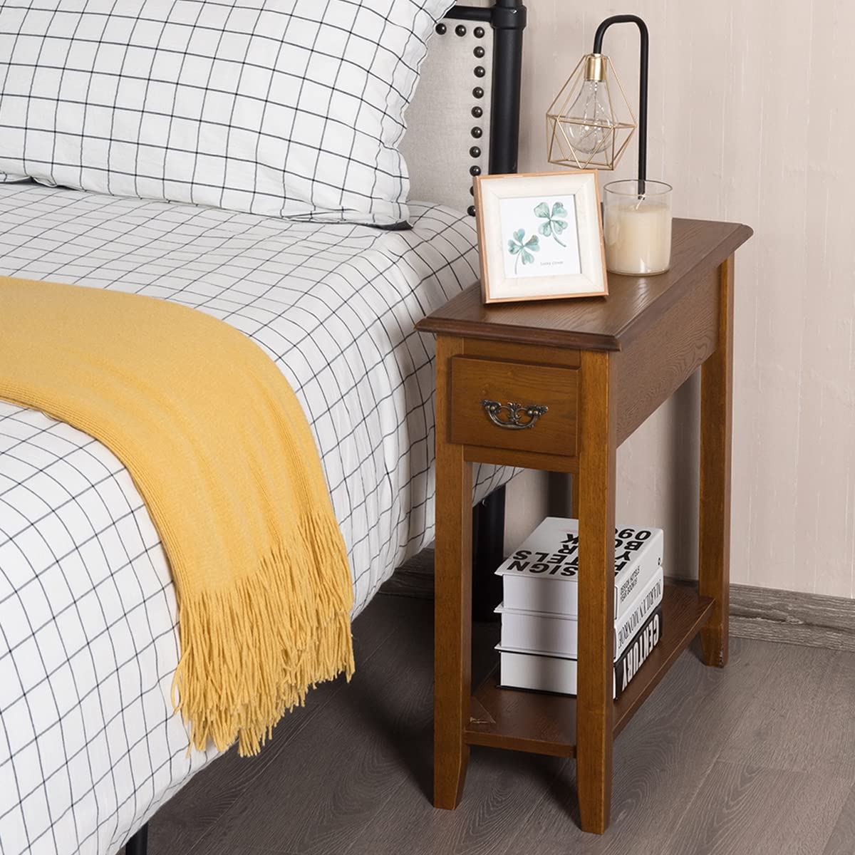 Tangkula Narrow End Table with Drawer & Open Shelf - Slim Side Table for Small Spaces, Compact Nightstand for Bedroom & Living Room - 9.8
