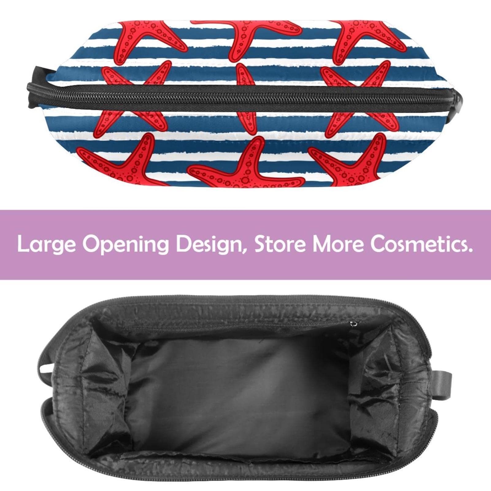 Waterproof Large Makeup Bag for Women - Travel Cosmetic Organizer with Brush Holder, Cute Cartoon Sea Life Starfish Striped Design - Perfect for Summer Beach Trips, Gym & Daily Essentials Storage