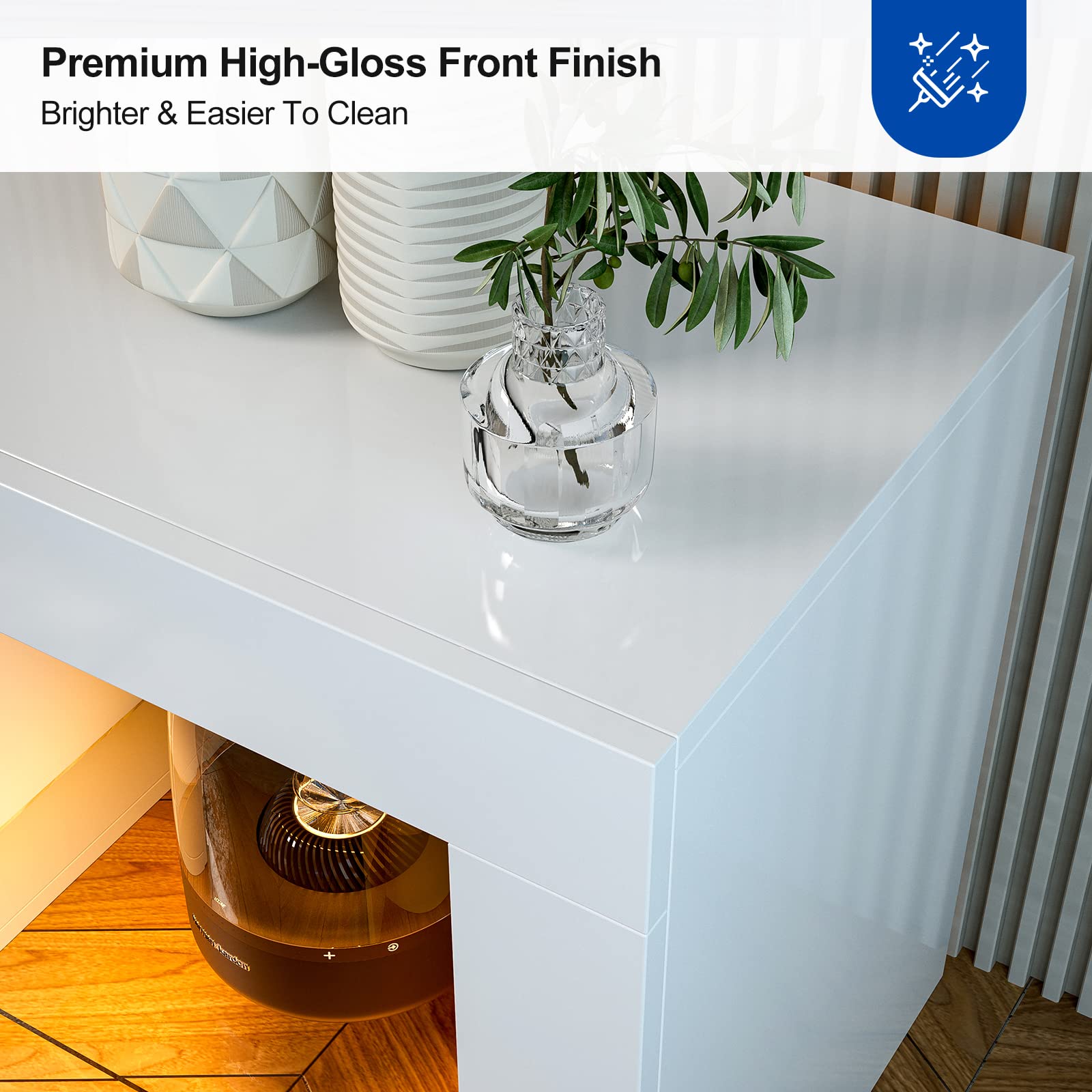 IKIFLY 75 Inch LED TV Stand with 3 Cabinets - High Glossy Modern Entertainment Center & Media Console for Living Room - White - Perfect for Home Theater & Living Room Organization