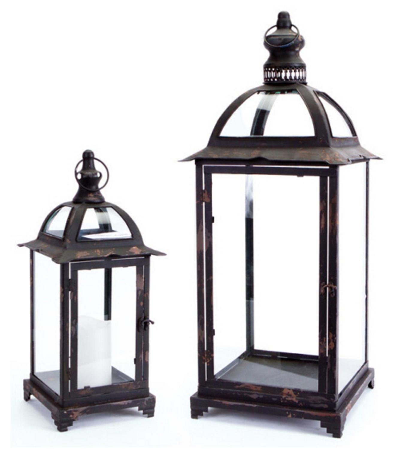 Set of 2 Vintage Black Distressed Pillar Candle Lanterns - 25.25