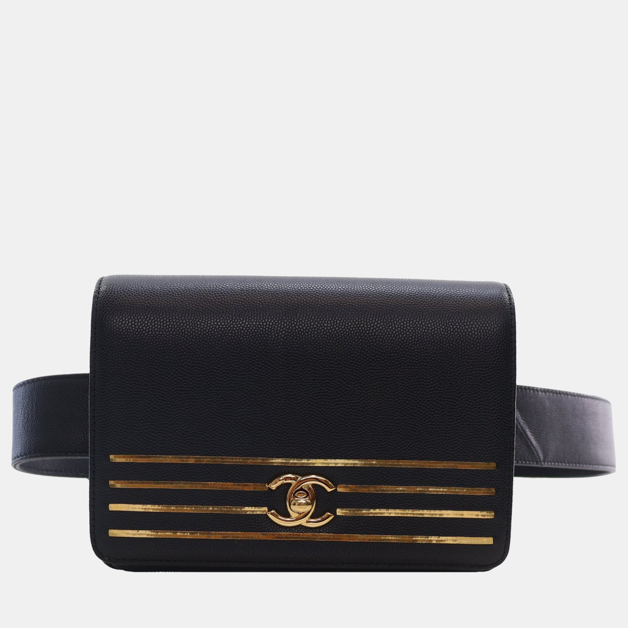 Premium Black Caviar Leather Waist Bag with Gold Accents - Stylish Hands-Free Crossbody Fanny Pack for Men & Women - Perfect for Travel, Concerts, and Outdoor Adventures