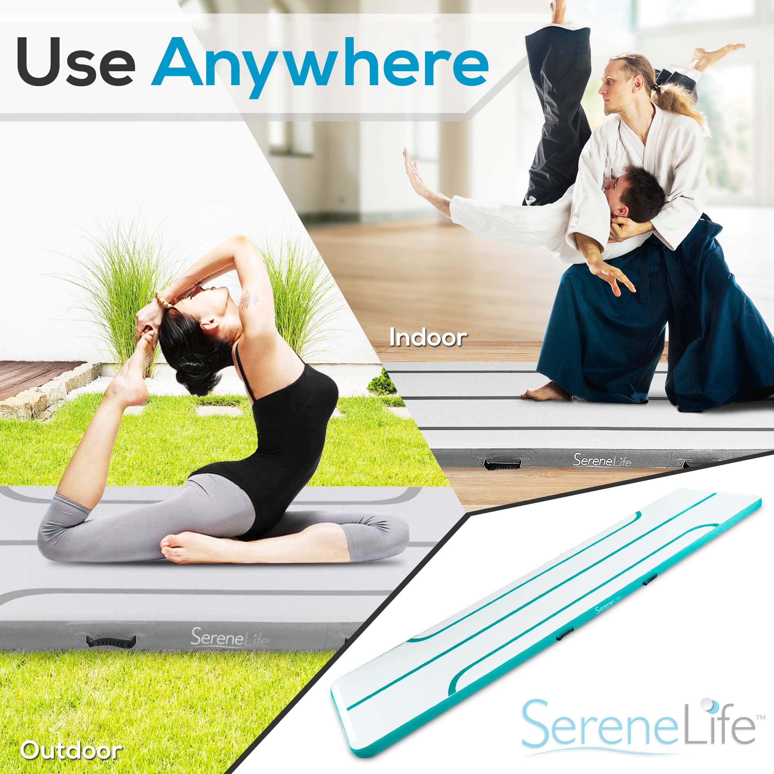 SereneLife 13FT Inflatable Gymnastics Air Tumbling Mat - 4 Inch Thick Floating Water Mat for Cheerleading, Yoga & Training | Portable with Electric Pump | Indoor/Outdoor Use for Home, Beach & Pool Activities