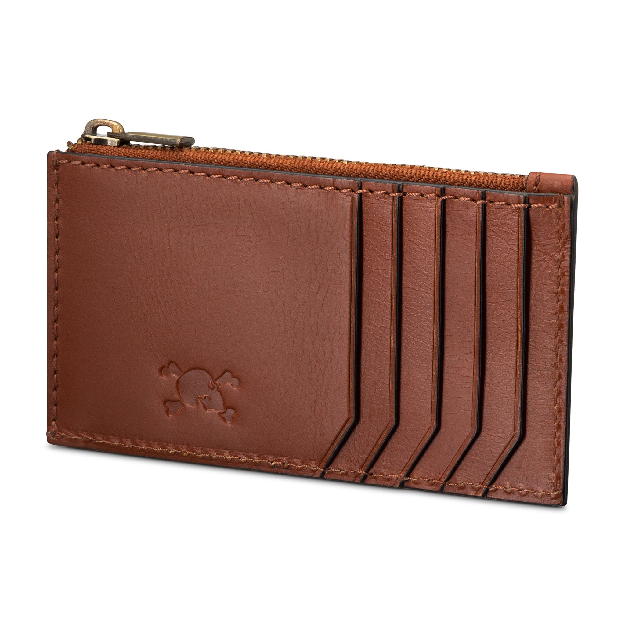 Skull & Bones Zip Leather Card Case Saddle - Premium RFID Blocking Wallet for Men & Women - Perfect for Travel, Business & Everyday Use