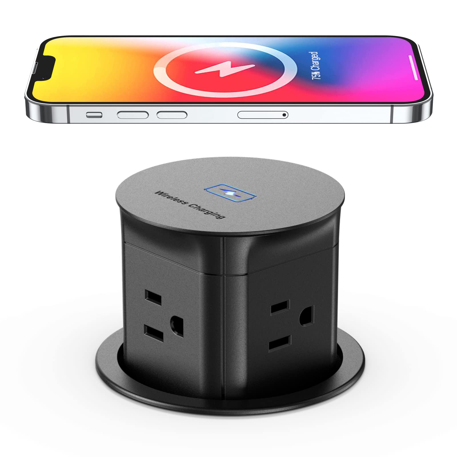**15W Wireless Charger Pop-Up Outlet with 4 Outlets & Splash-Resistant Design – Space-Saving Power Grommet for Kitchen Countertops, Office Desks & Conference Tables (Black) – Perfect for Home, Office & Commercial Use**