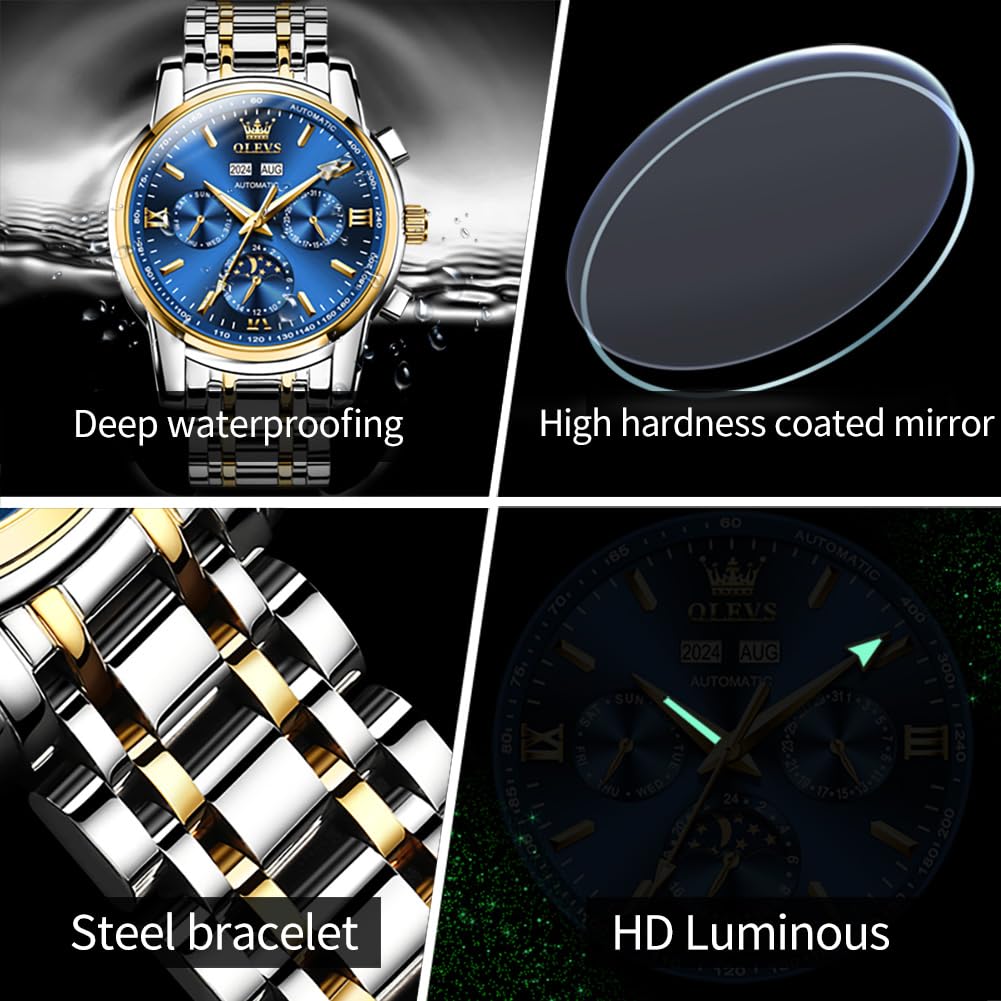 OLEVS Men's Automatic Skeleton Mechanical Watch - Self Winding Luxury Dress Wristwatch with Luminous Hands & Waterproof Design - Perfect for Business, Formal Events & Everyday Wear