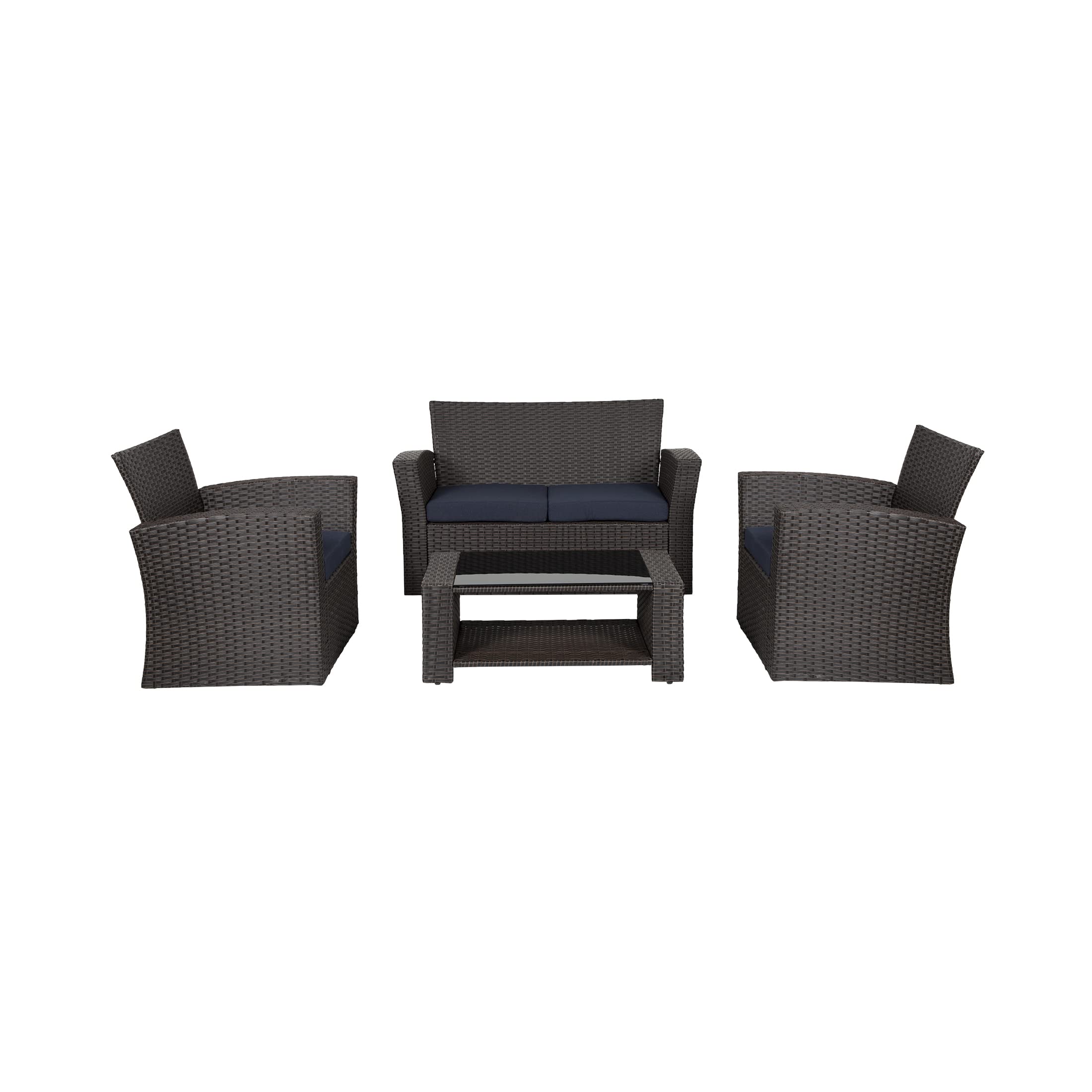 WO Home Furniture 4-Piece Patio Conversation Set - Black Rattan Wicker Sofa, Chairs & Table with Navy Blue Pillow Cushions | Outdoor Garden, Backyard, Poolside Lounge Furniture