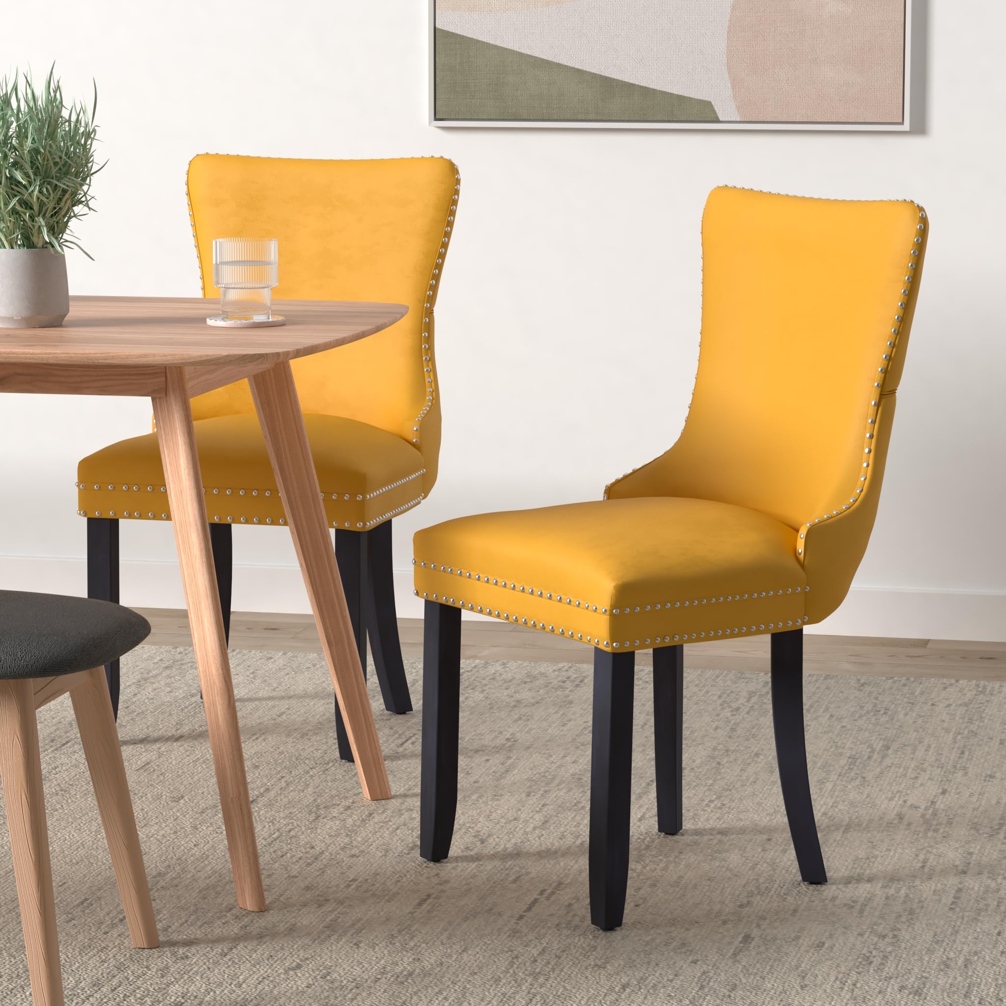 Luxury Velvet Upholstered Dining Chairs Set of 2 - Wingback Accent Chairs with Solid Wood Legs & Nailhead Trim - Elegant Button Tufted Back for Kitchen, Dining Room - Golden Yellow - Perfect for Modern Home Decor & Dinner Parties