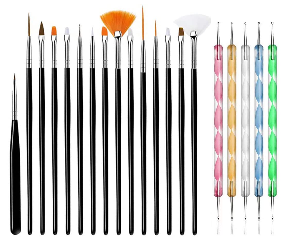 20PCS Professional Nail Art Kit with 15 Painting Brushes & 5 Dotting Pens - Perfect for Acrylic Nails, Gel Polish, DIY Manicure at Home or Salon