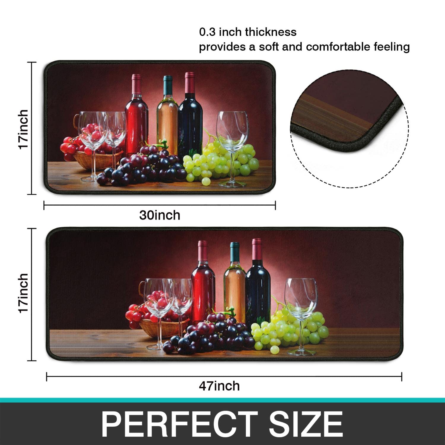 2-Piece Non-Slip Washable Microfiber Kitchen Rug Set - 3D Wine Glass Design Absorbent Floor Mat (17