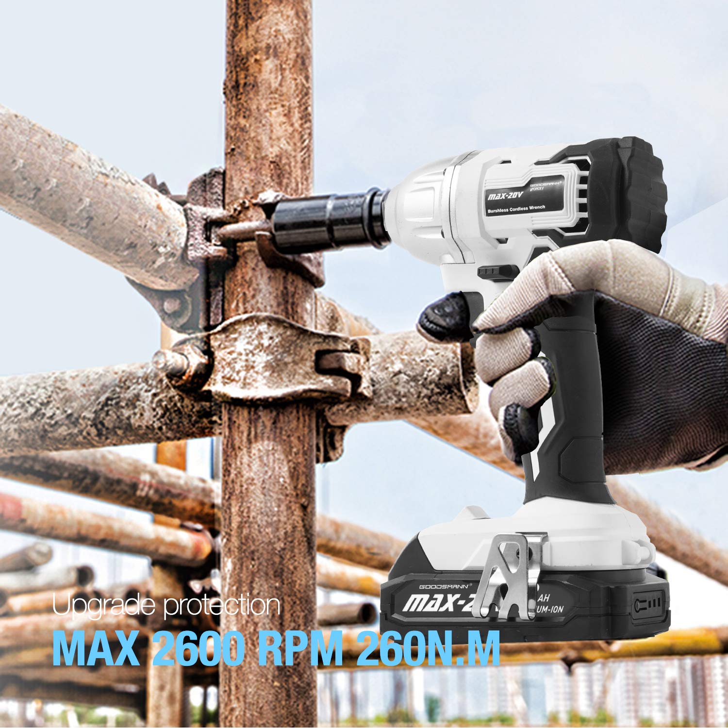 GOODSMANN 20V Brushless Cordless Impact Wrench 1/2 Inch Detent Anvil with 2.0Ah Battery & Fast Charger - Portable Power Tool for Automotive Repair, Construction, and DIY Projects (Model 9904-B202-01)