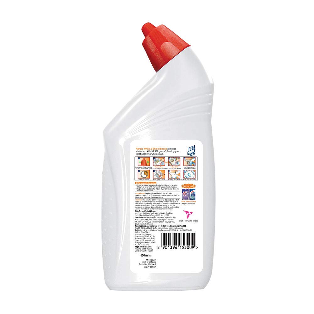 Harpic Toilet Cleaner Liquid 500ml (Pack of 2) - Bleach, Disinfectant & Whitener for Bathroom Cleaning | Removes Stains & Odors | Ideal for Toilets, Sinks & Tiles