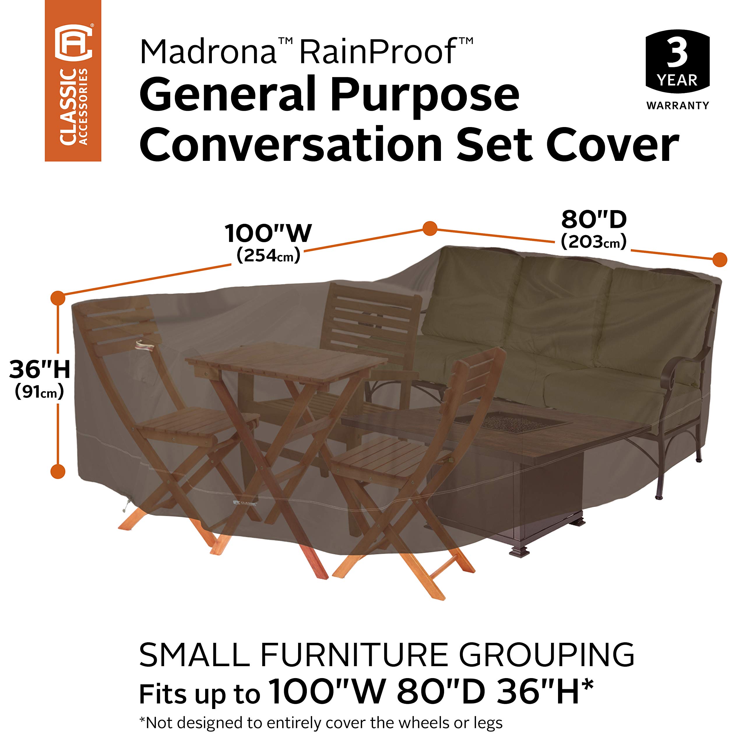 Classic Accessories Madrona Waterproof 100x80x36 Inch Dark Cocoa Patio Cover for Outdoor Furniture Protection