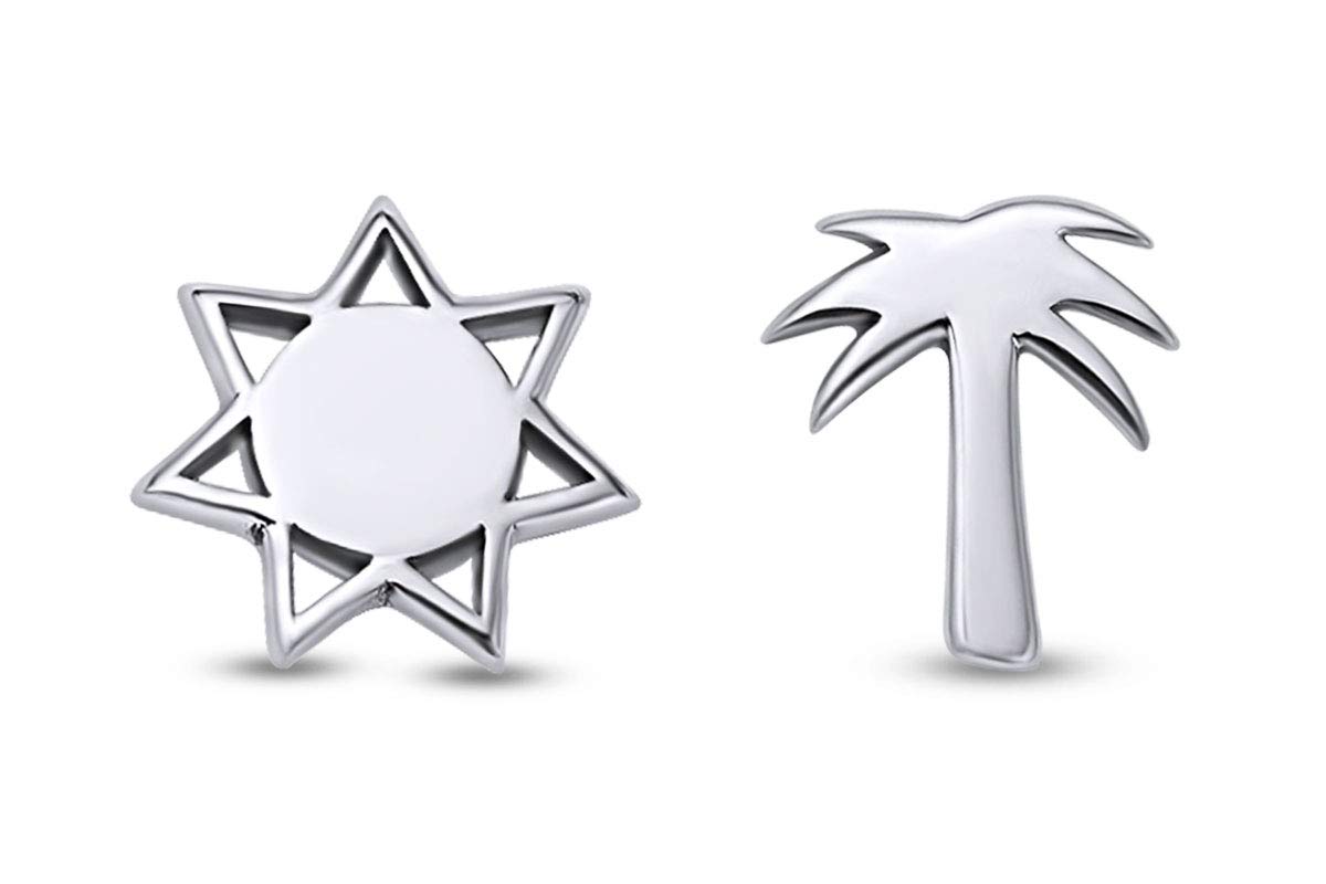 10k Gold Minimalist Palm Tree & Sun Stud Earrings for Women - Dainty Mismatch Jewelry for Everyday Wear & Beach Vacations