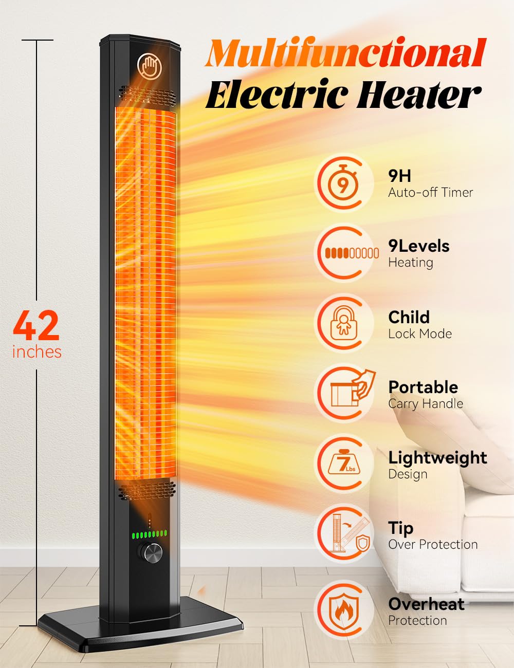 BALKO 42-Inch Outdoor Heater with 9 Heat Levels & 540-Min Timer - 1500W Infrared Garage Heater with Child Safety Lock, IP65 Waterproof, Tip-Over & Overheat Protection - Perfect for Patio, Deck, Garage, and Indoor Heating